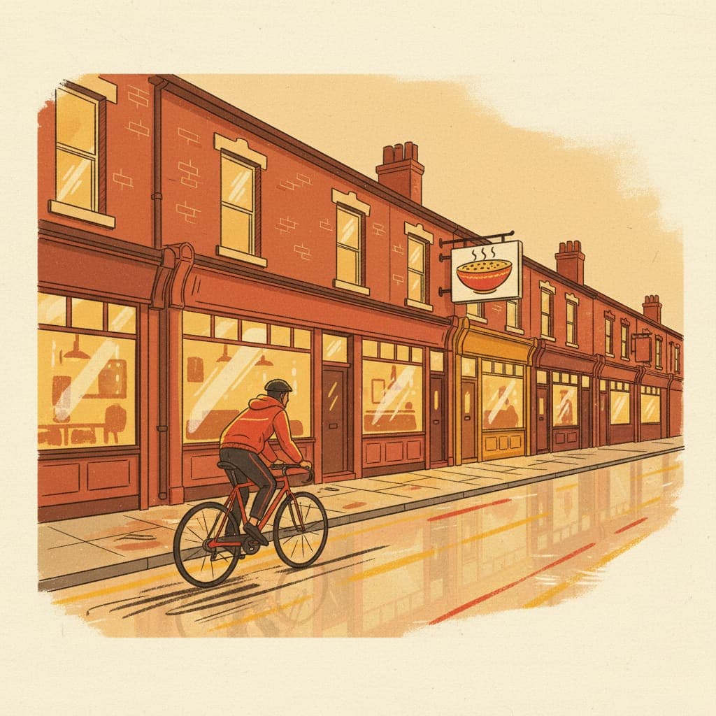 Editorial illustration of Ladypool Road in the Birmingham Balti Triangle — warm-lit independent South Asian restaurant shopfronts at golden hour