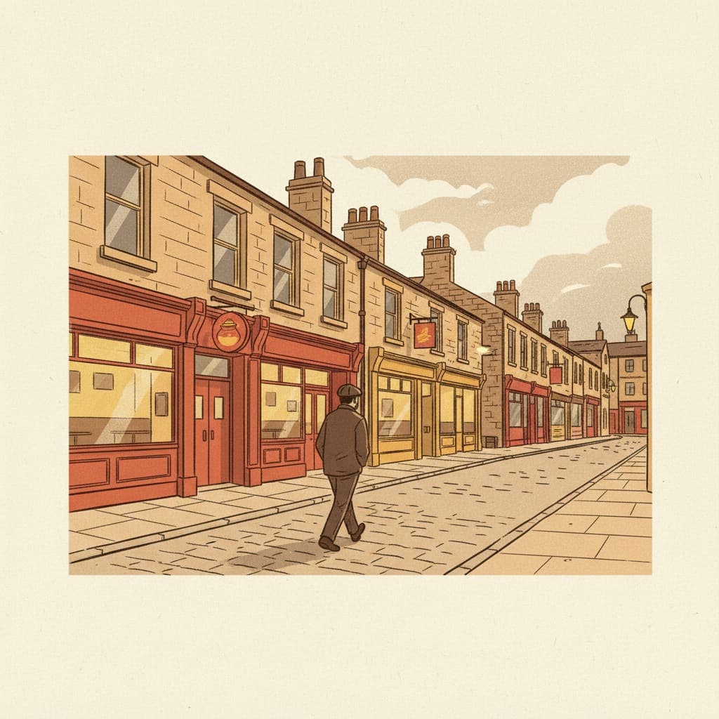Editorial illustration of a Bradford curry-belt street at early evening — warm-lit independent Pakistani and Kashmiri restaurants in stone Yorkshire shopfronts
