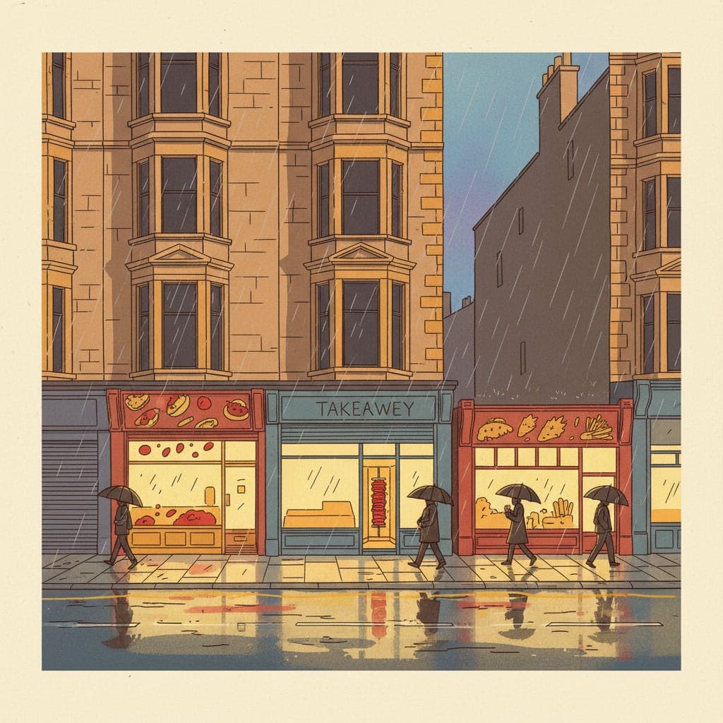 Editorial illustration of a Glasgow Southside tenement street at dusk — sandstone buildings above warm-lit independent takeaway shopfronts