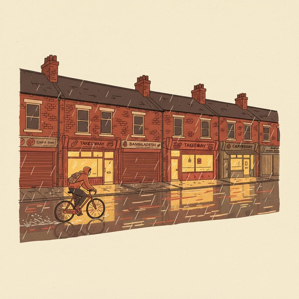Editorial illustration of a Leeds Harehills high street at dusk — warm-lit independent takeaway shopfronts on Roundhay Road in red-brick Yorkshire terraces