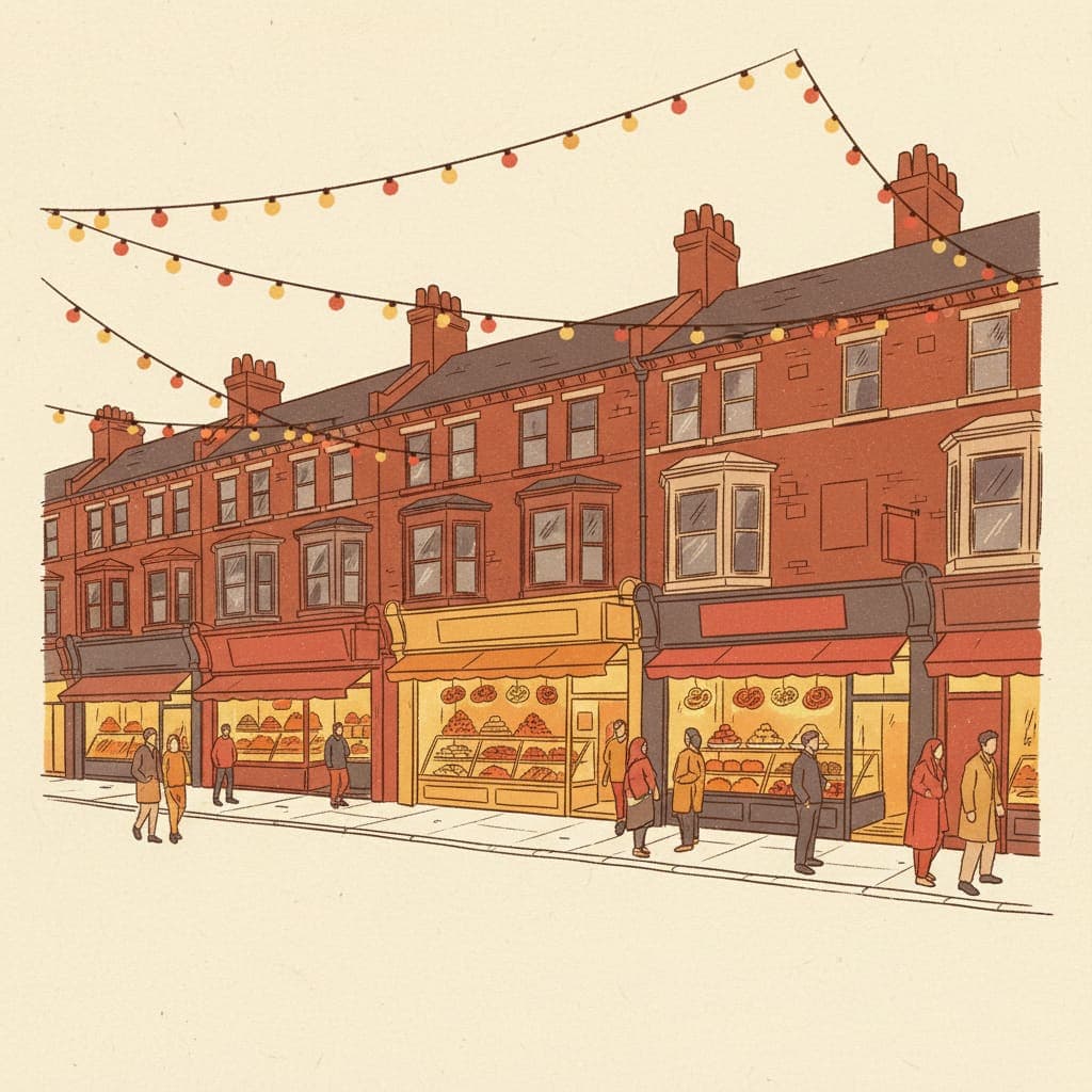 Editorial illustration of Leicester's Belgrave Road Golden Mile at dusk — warm-lit South Asian restaurants and sweet shops with festive string lights