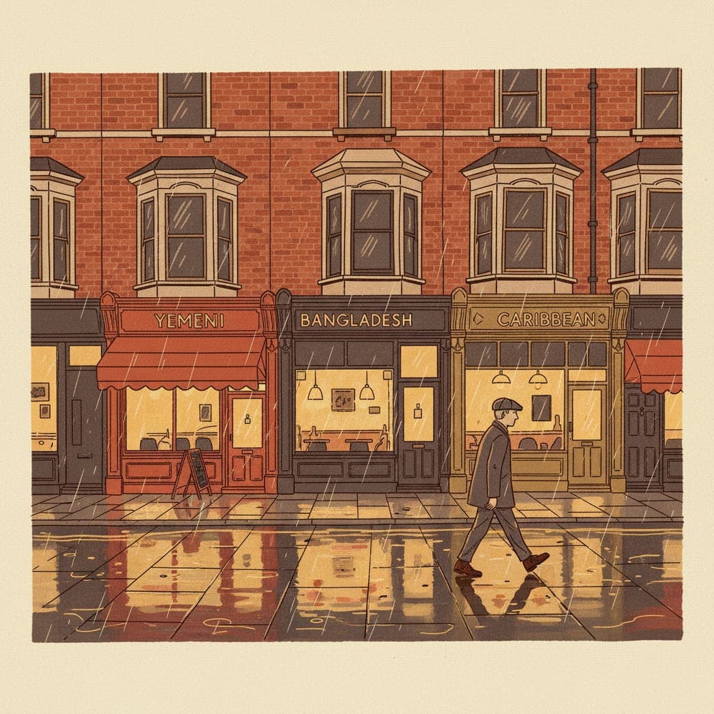 Editorial illustration of a Liverpool Lodge Lane high street at dusk — warm-lit independent takeaway shopfronts in red-brick Victorian terraces