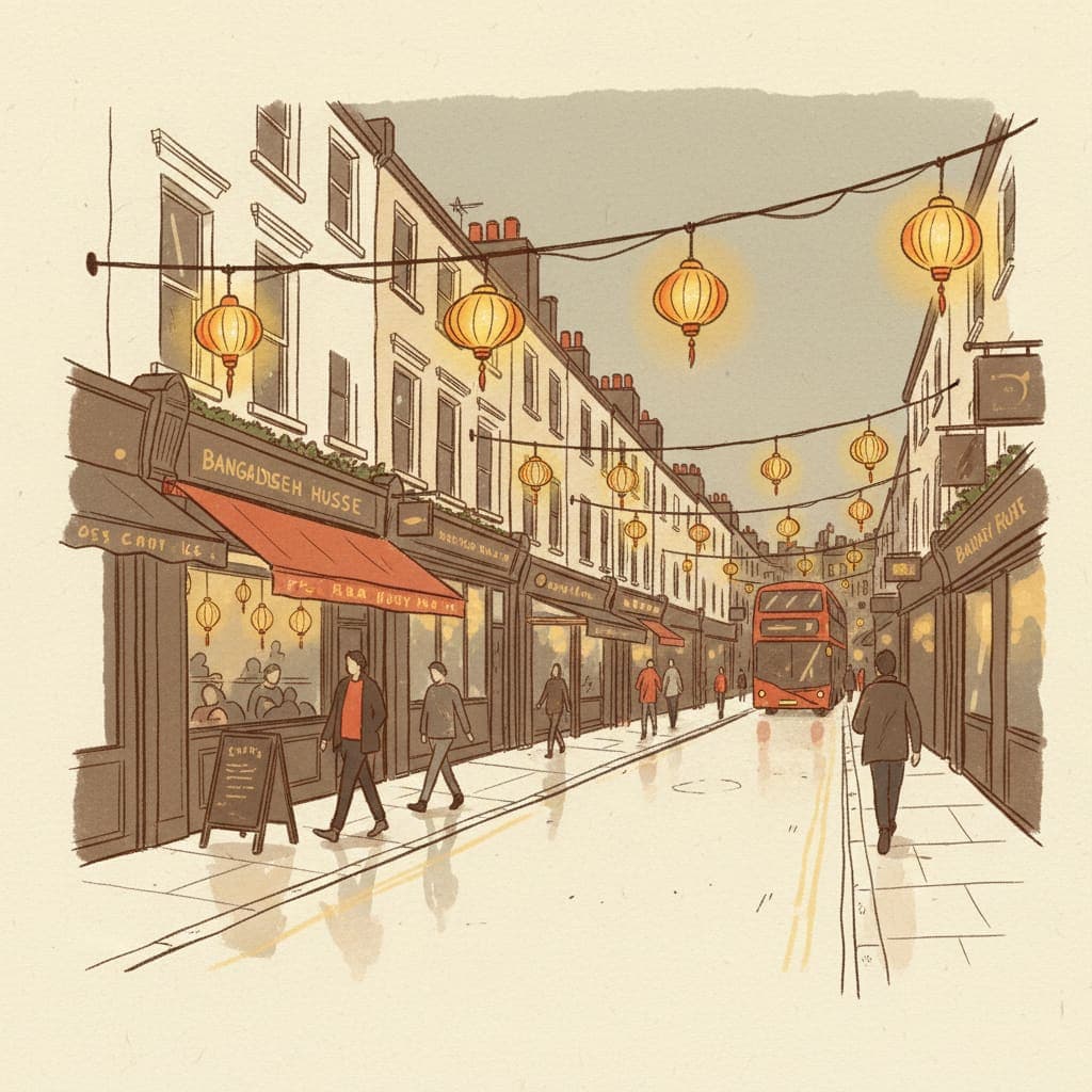 Editorial illustration of an East London side street near Brick Lane at dusk — independent curry house fronts with warm hanging lanterns