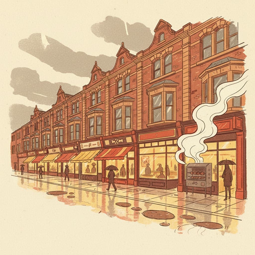 Editorial illustration of a Manchester Curry Mile street at dusk — warm-lit independent takeaway shopfronts on a rainy Rusholme high street