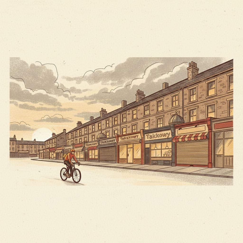 Editorial illustration of a Sheffield Spital Hill street at dusk — warm-lit independent takeaway shopfronts in stone Yorkshire terraces
