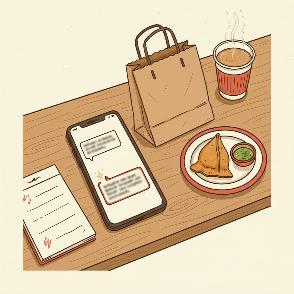 Illustration of a takeaway counter with an AI chat bubble naming the restaurant as the answer