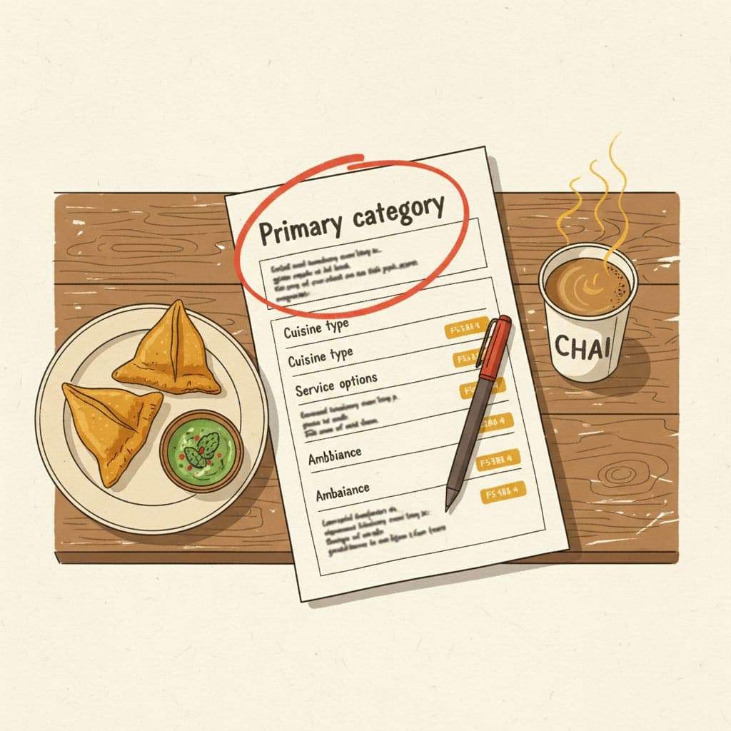 A printed Google Business Profile category list on a wooden takeaway counter with a pen circling the primary category field