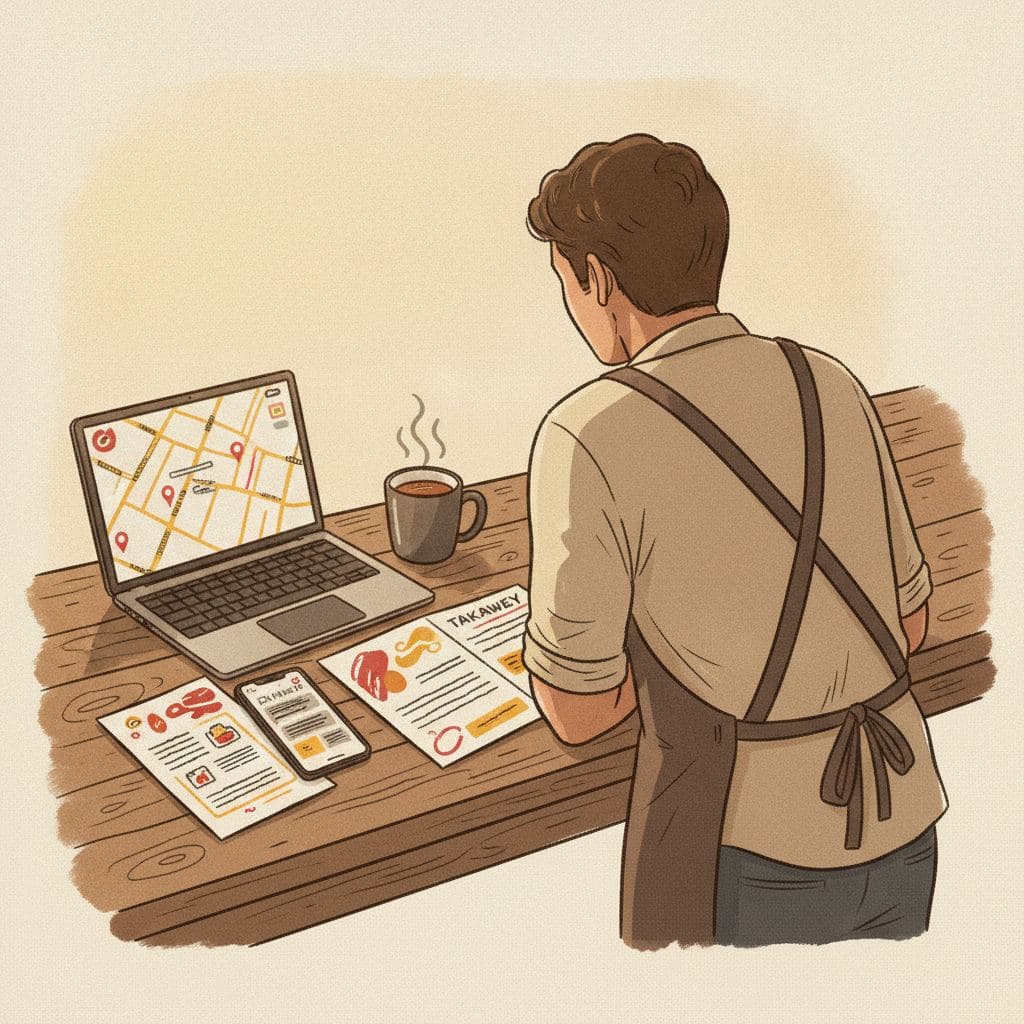 A takeaway owner at a counter comparing agency proposals on a laptop, with a printed menu and a phone showing Google Maps beside it