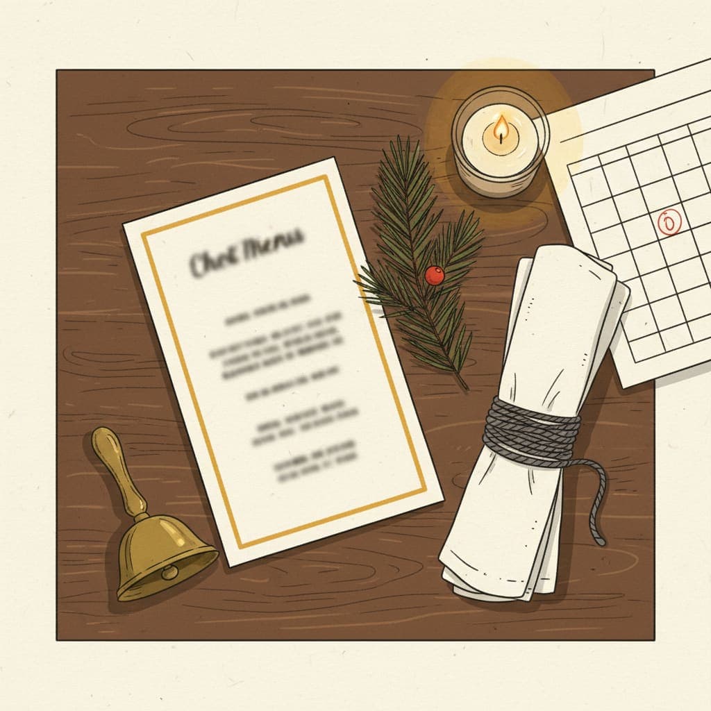 An elegant restaurant dining room decorated for Christmas — pine garlands, warm candlelight, a printed set menu card on a starched white tablecloth