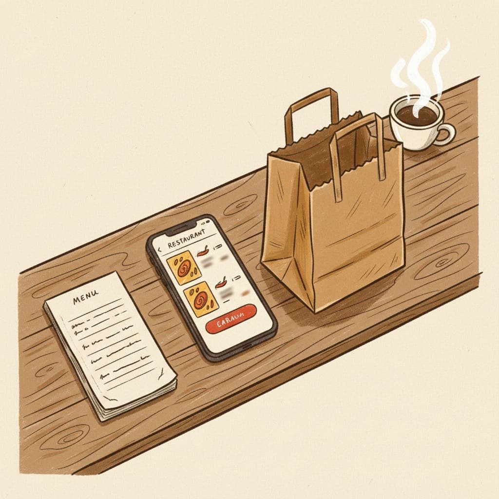 A smartphone showing a direct-ordering checkout next to a wireless card reader and a paper takeaway bag on a wooden counter
