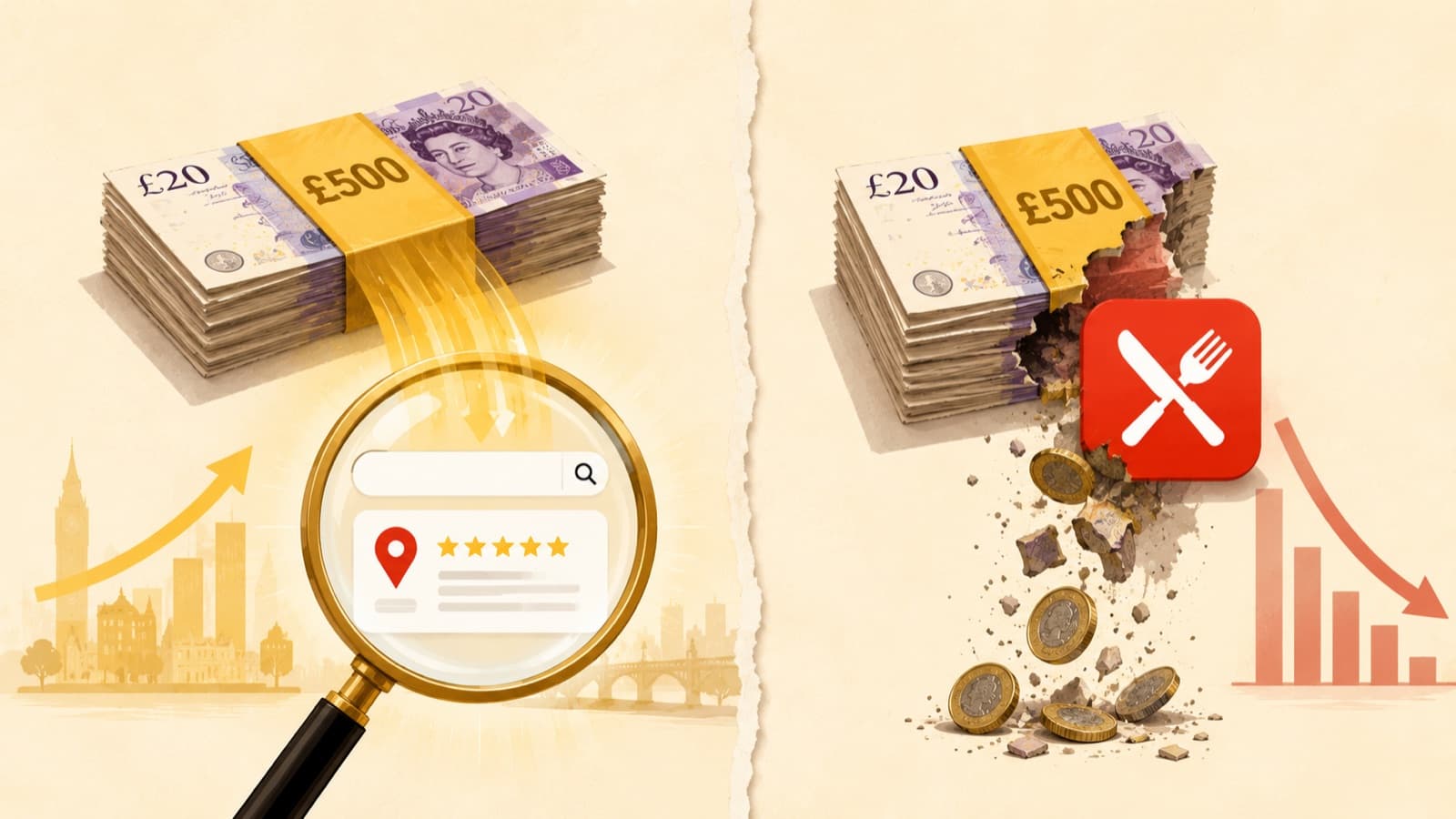 Split-screen illustration comparing £500 spent on Google Ads vs delivery-app commissions