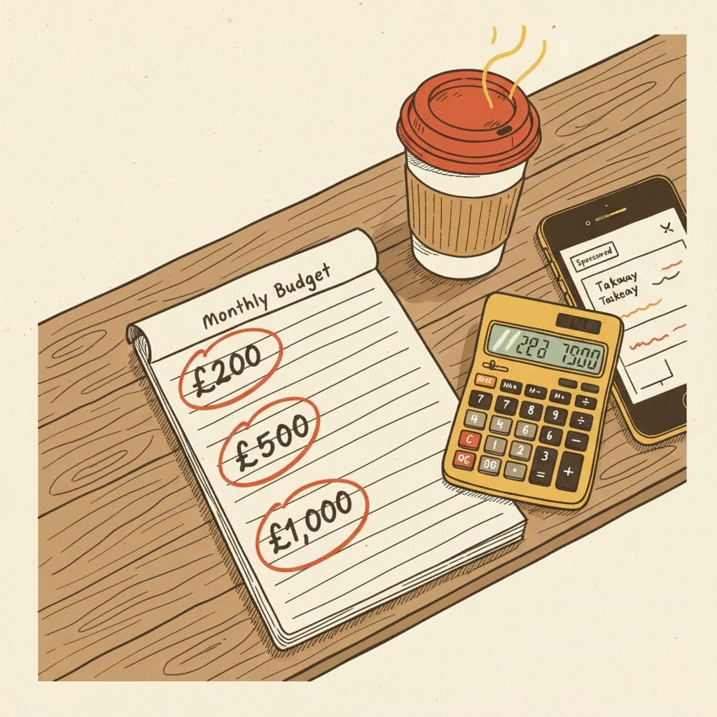 A handwritten notepad with three monthly Google Ads budgets — £200, £500 and £1,000 — beside a calculator and a phone showing a sponsored search result
