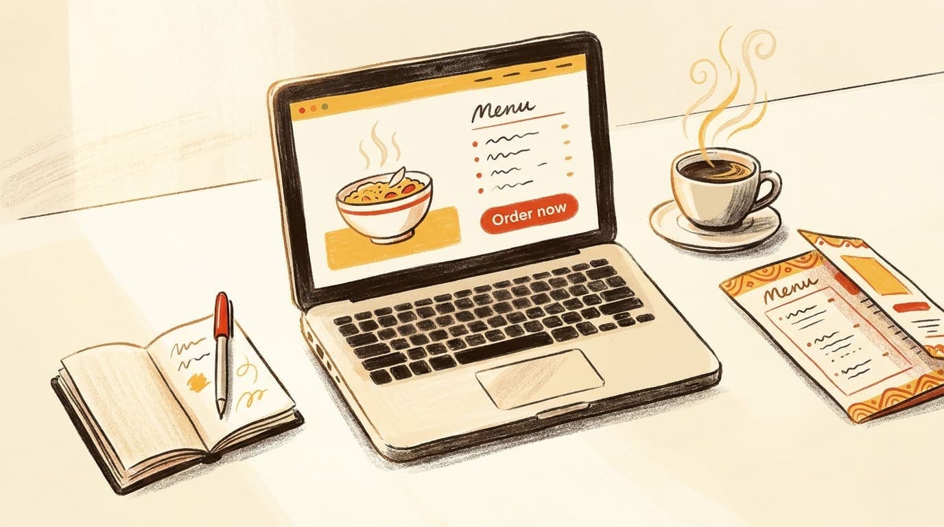A laptop showing a clean UK takeaway website on a kitchen counter