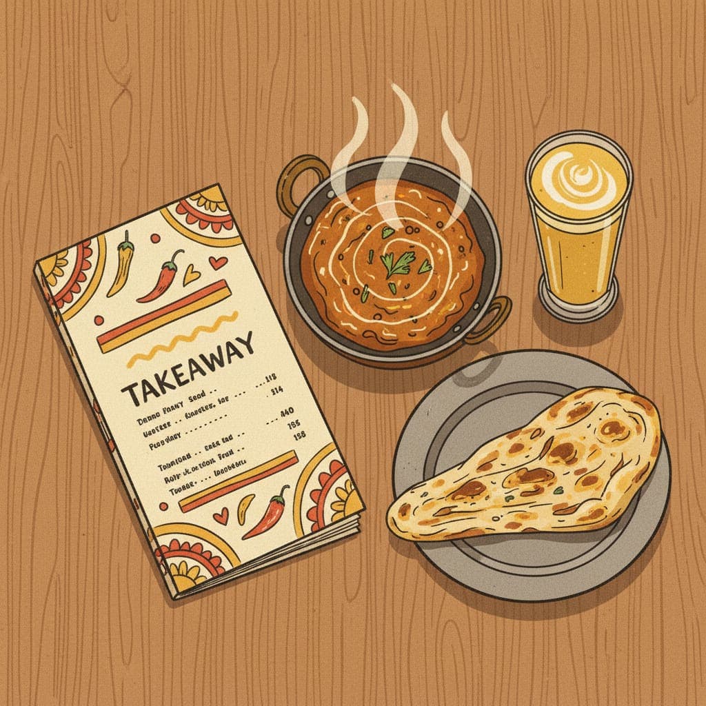 A well-designed takeaway menu next to food on a wooden table