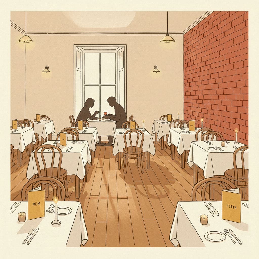 Half-empty restaurant dining room on a midweek evening — warm lighting, set tables, one couple seated near the window