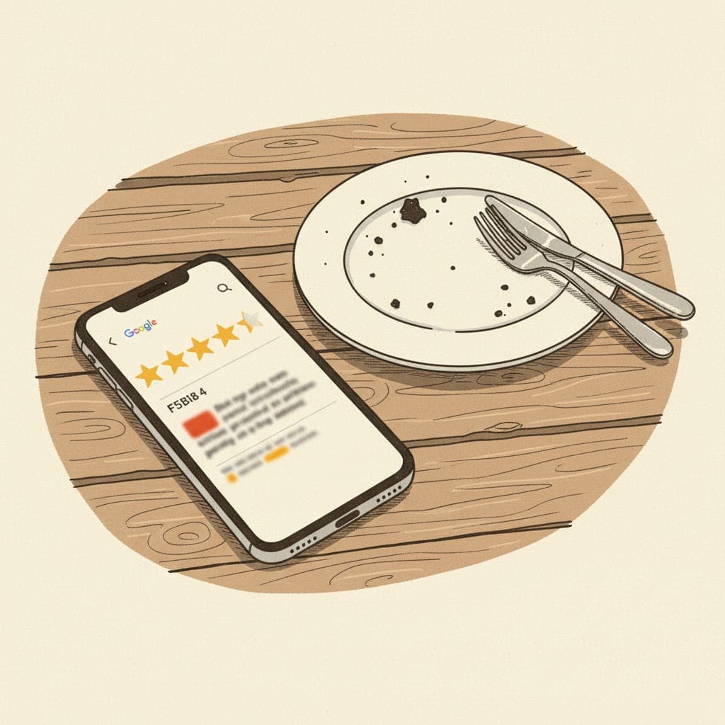 A phone showing a five-star Google review for a UK restaurant on a wooden table