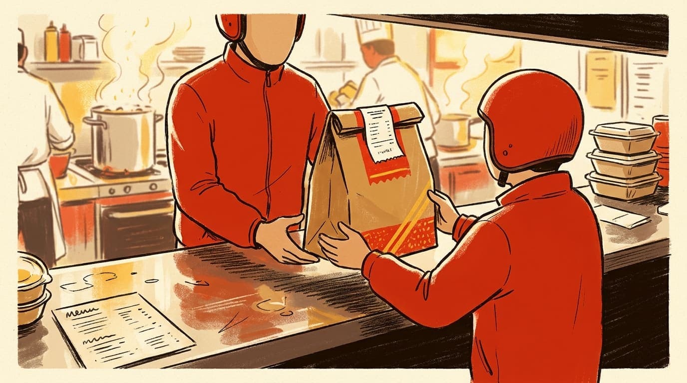 A takeaway worker handing a bag of food to a Just Eat courier in the UK