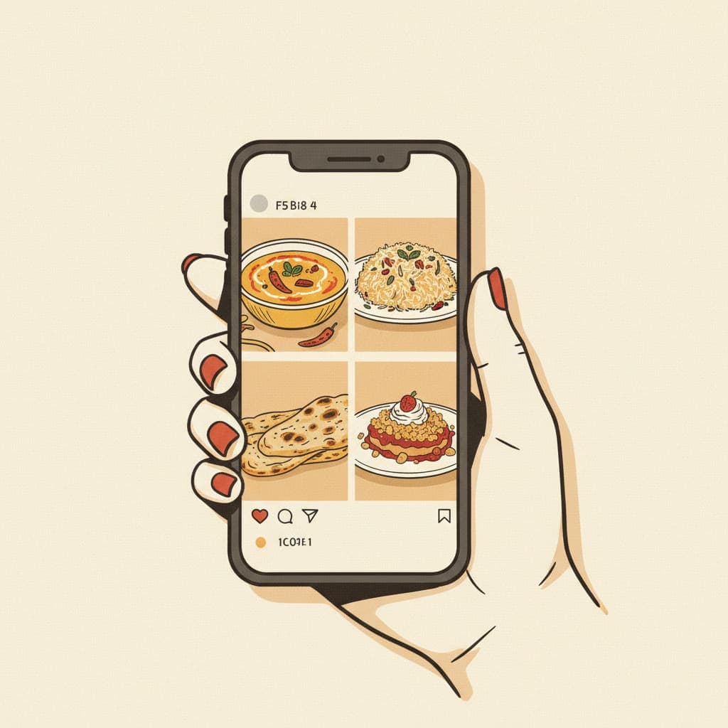 A phone showing an Instagram feed of food photos for a UK restaurant