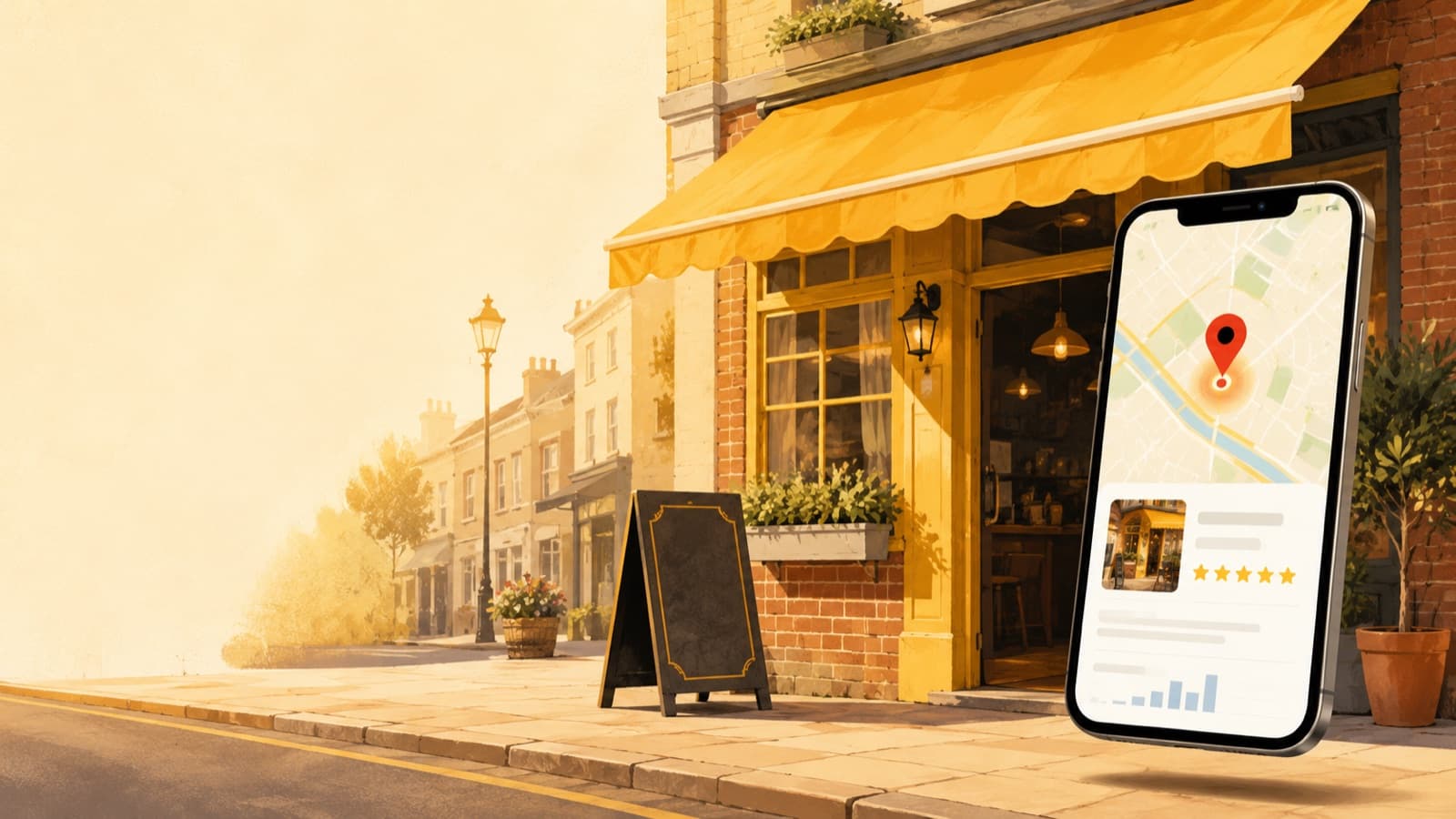 Illustration of a UK restaurant on a high street with a Google Maps result and 5-star rating