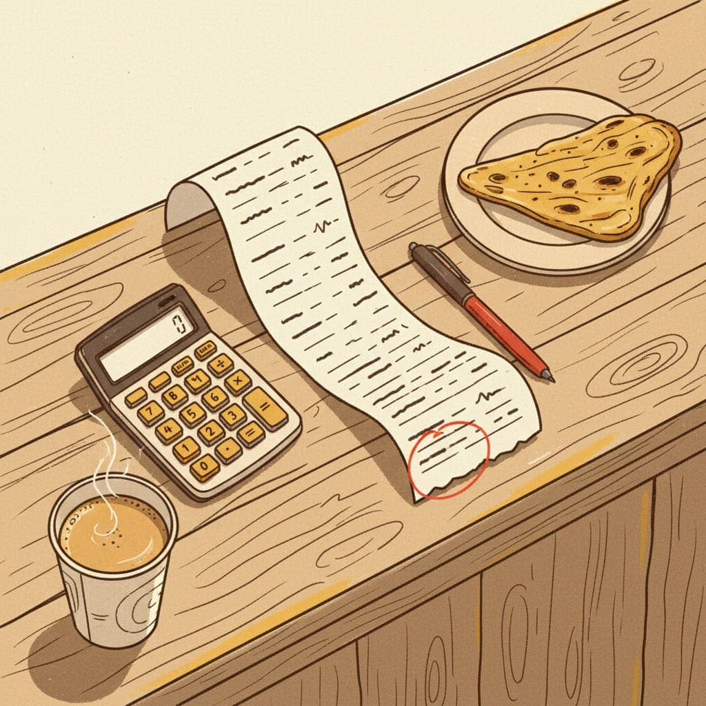 A till receipt showing a stack of Just Eat fees on a wooden takeaway counter beside a calculator and a steaming cup of chai