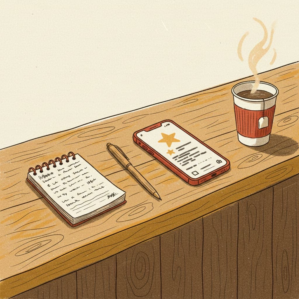 A smartphone on a wooden takeaway counter showing a one-star review, next to a small notepad with a hand-drafted reply
