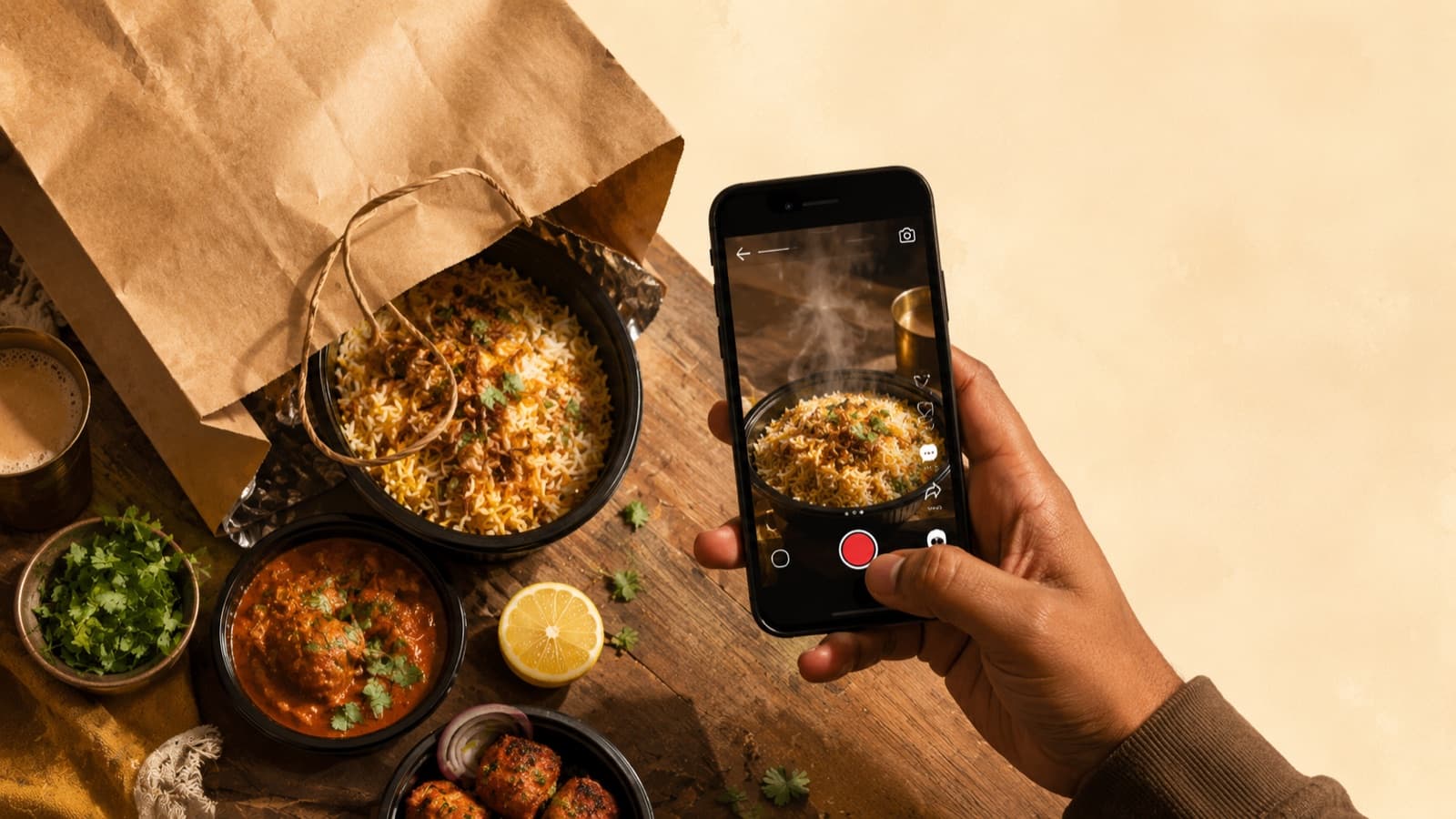 Top-down flat lay of takeaway food being filmed for an Instagram Reel