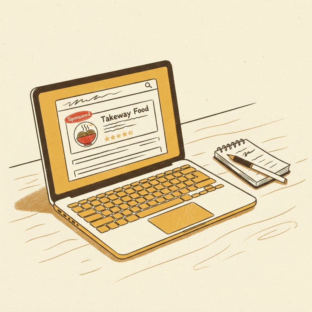 A laptop showing a Google search result with a sponsored takeaway listing at the top