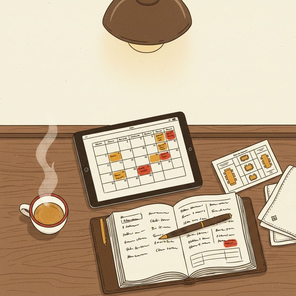 A reservation book and a tablet on a polished restaurant pass — the tablet shows a stylised booking-platform calendar; a printed table plan sits beside it