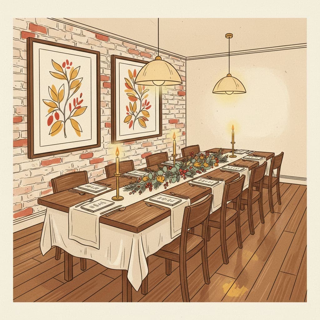 An elegantly laid private dining room — long polished table, cream linen, brass candlesticks, set menu cards at each setting, soft pendant lighting