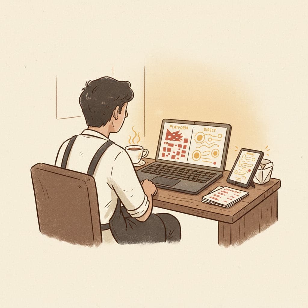 A takeaway owner looking at a laptop with order screens, a Just Eat tablet to one side