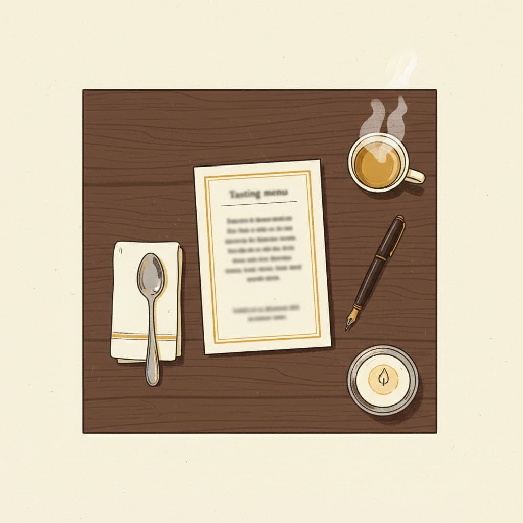 A cream tasting-menu card on a polished walnut table — embossed border, four course headings, no decoration, soft pendant lighting