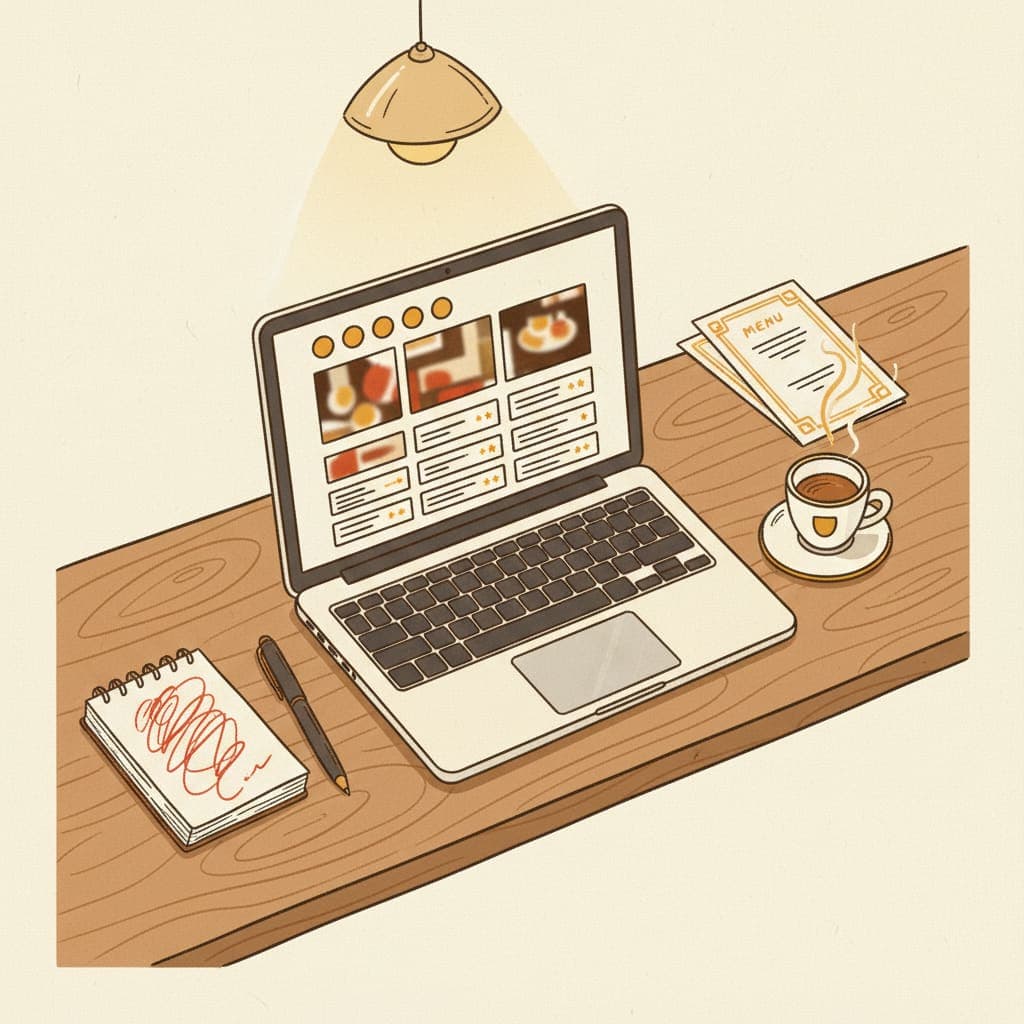 A laptop on a wooden restaurant pass showing a Tripadvisor restaurant ranking page — five-star bubbles, photos, an owner response visible
