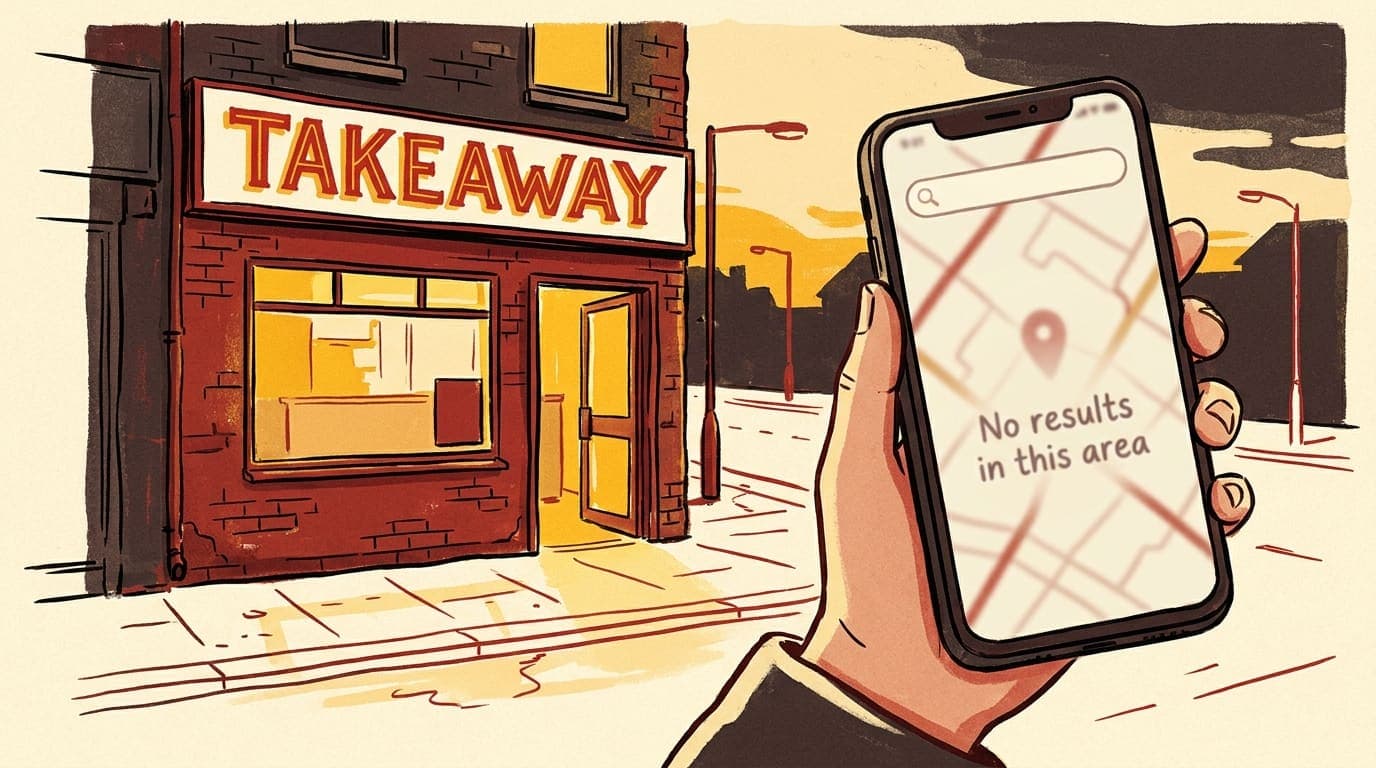 A UK takeaway shopfront next to a phone showing an empty Google Maps search result