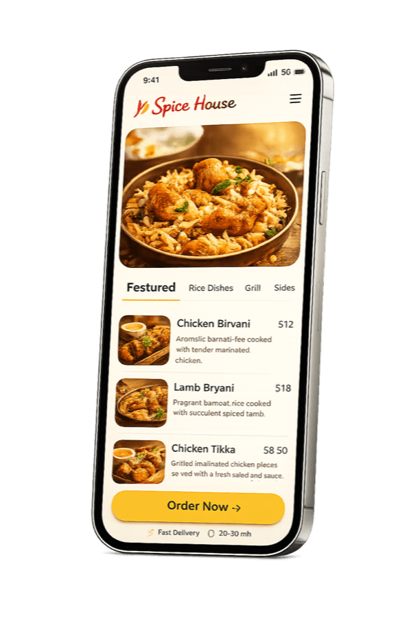 Beautifully-designed restaurant website displayed on a mobile phone
