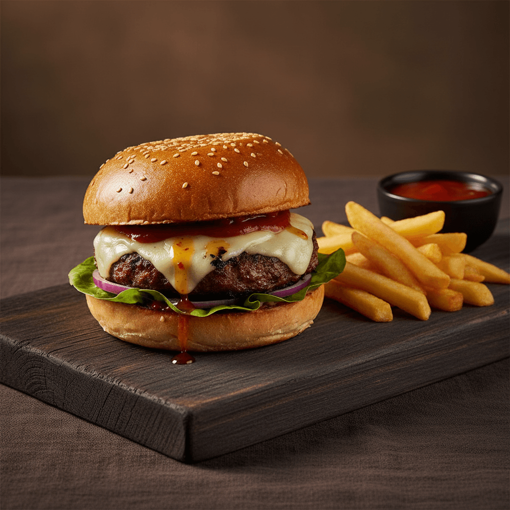 Three-quarter shot of the smash burger with fries on a dark wooden board.