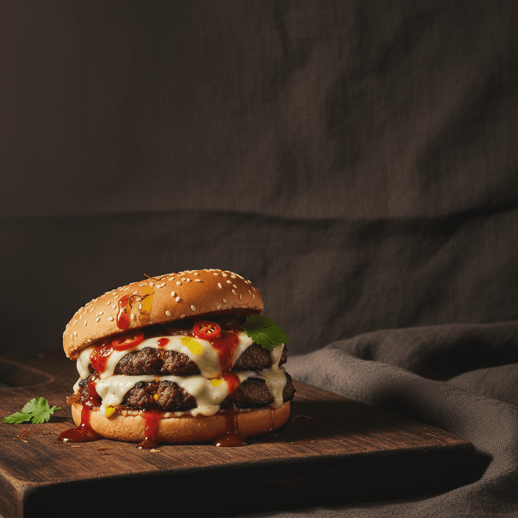 Square 1:1 ad-ready composition with the smash burger lower-left and dark negative space upper-right for a headline overlay.