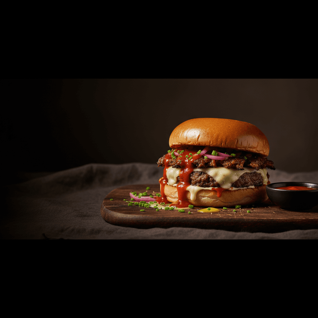 Wide cinematic banner crop with the smash burger to the right and dark negative space for headline text on the left.