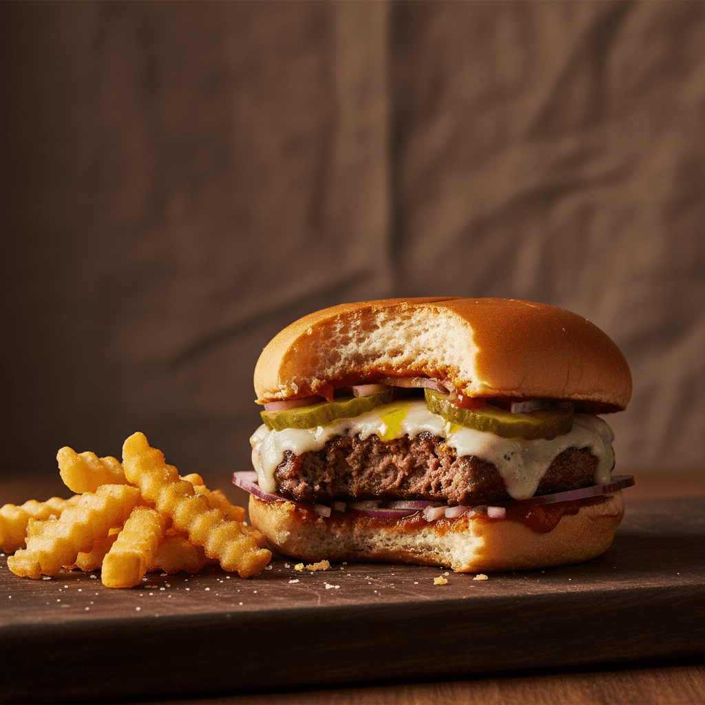 Smash burger with one large bite taken out, showing the cross-section.