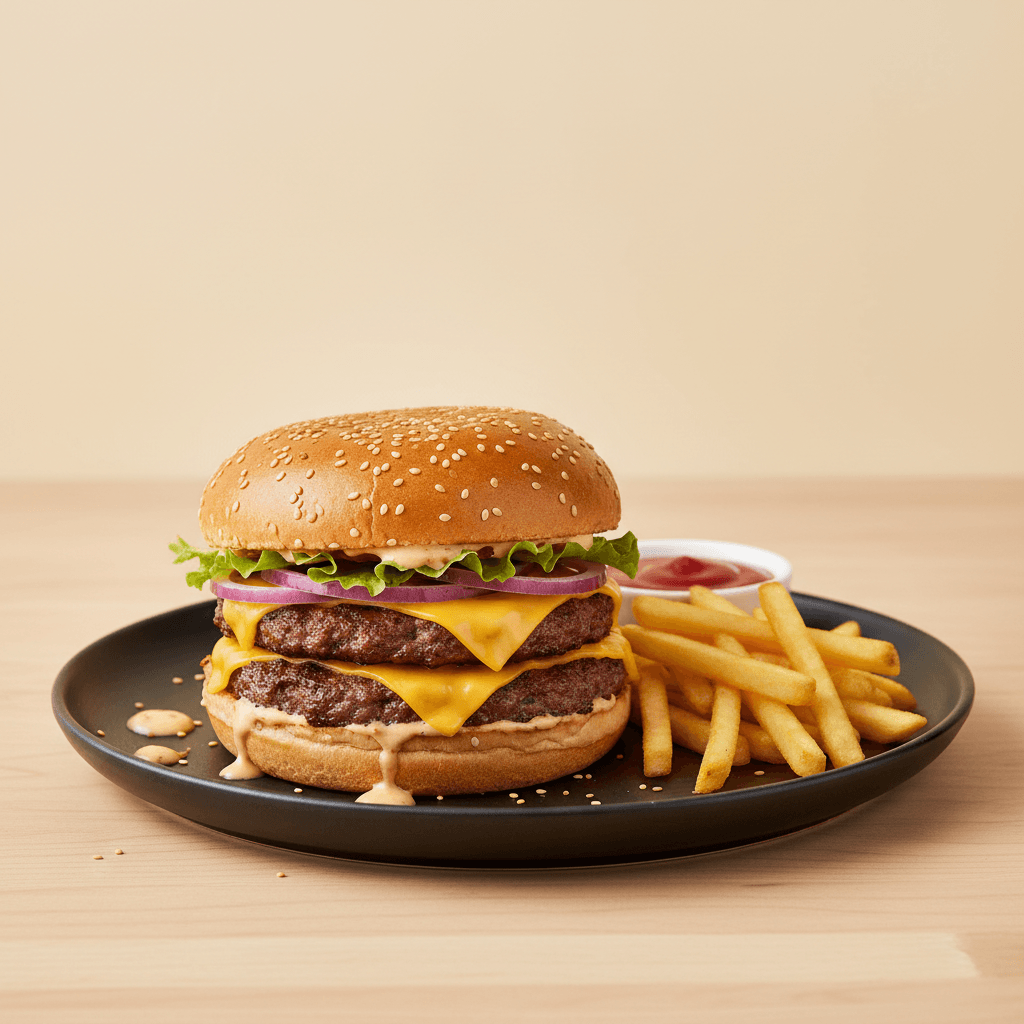 Bright, clean, high-key alternate of the smash burger on a matte black plate against a cream background.