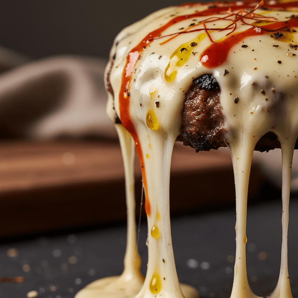 Extreme macro close-up of the molten cheese drip on the smash burger.