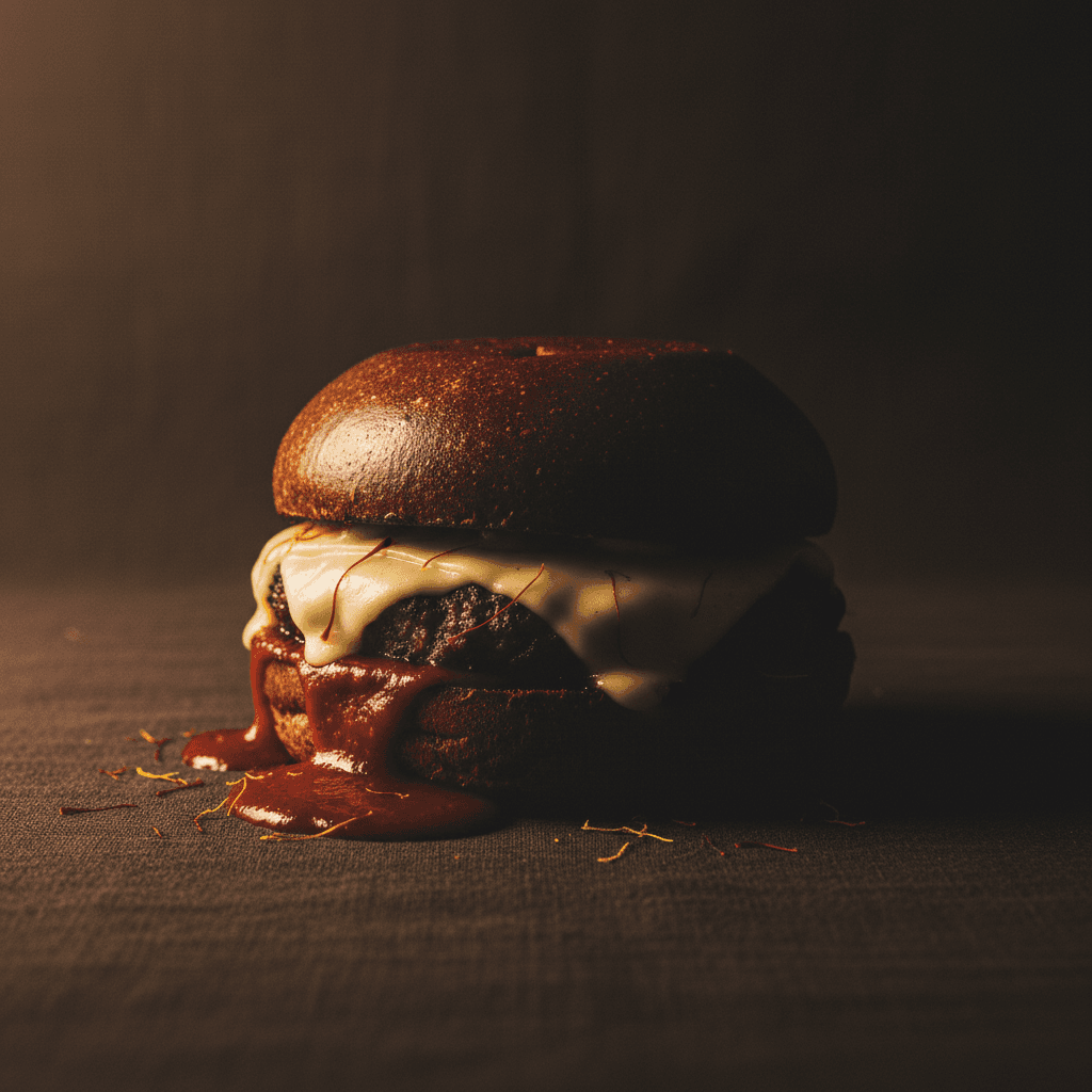 Branded animation frame output — moody low-key smash burger shot suited to a slow pan or dish reveal.