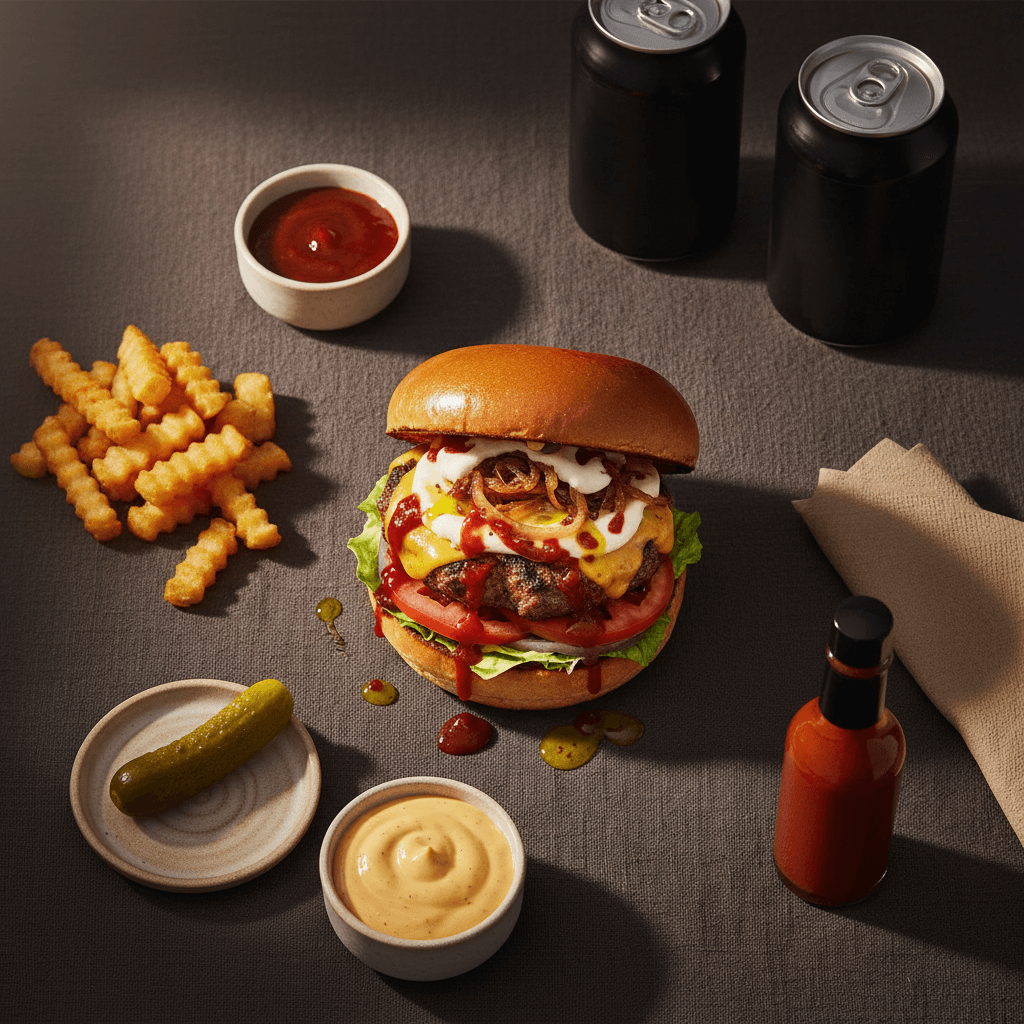 Flat-lay editorial shot of the smash burger surrounded by fries, sauces, drinks and napkin on dark linen.