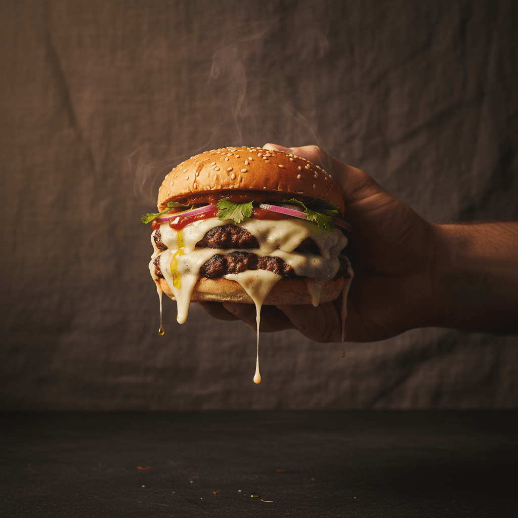 POV shot of a hand holding the assembled smash burger up against the moody background.