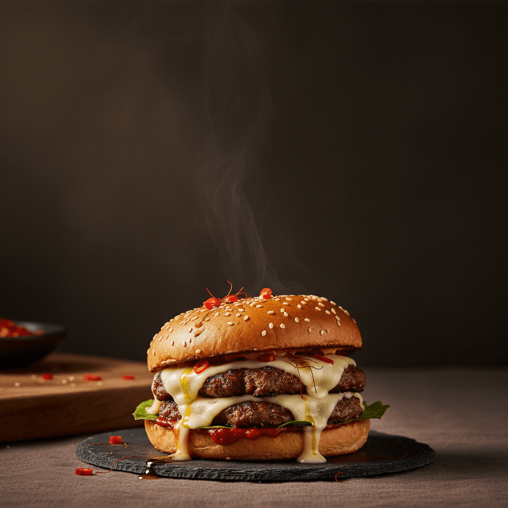 Vertical reel frame output — a smash burger framed for a 9:16 short-form video.