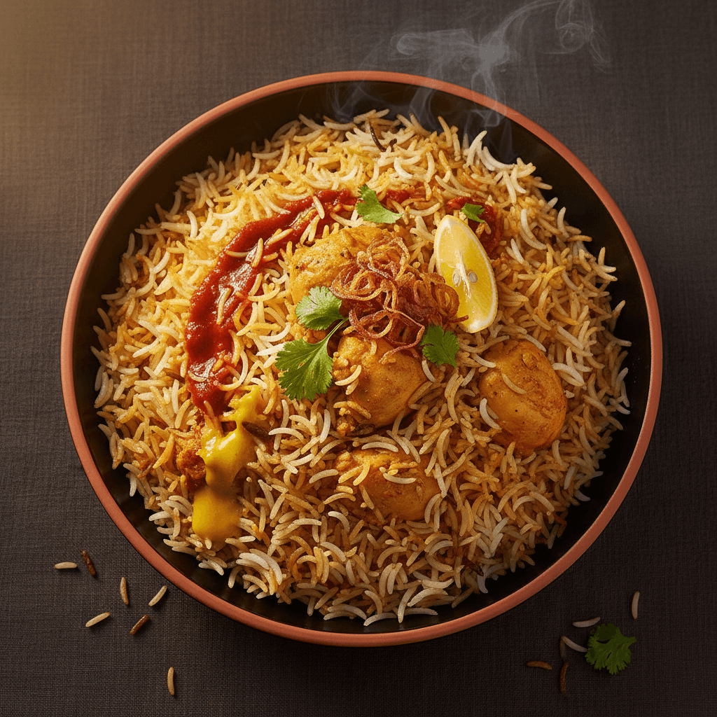 Branded overhead shot of chicken biryani in a black bowl with saffron rice, fried onions and coriander, on dark linen.