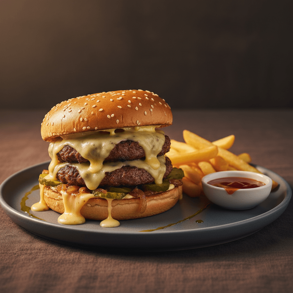 Branded three-quarter shot of a double smash burger with cheese drip and golden fries on a slate plate.