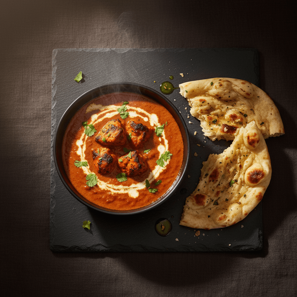 Branded top-down shot of creamy butter chicken in a small black bowl with a cream swirl, coriander, and torn naan beside it.