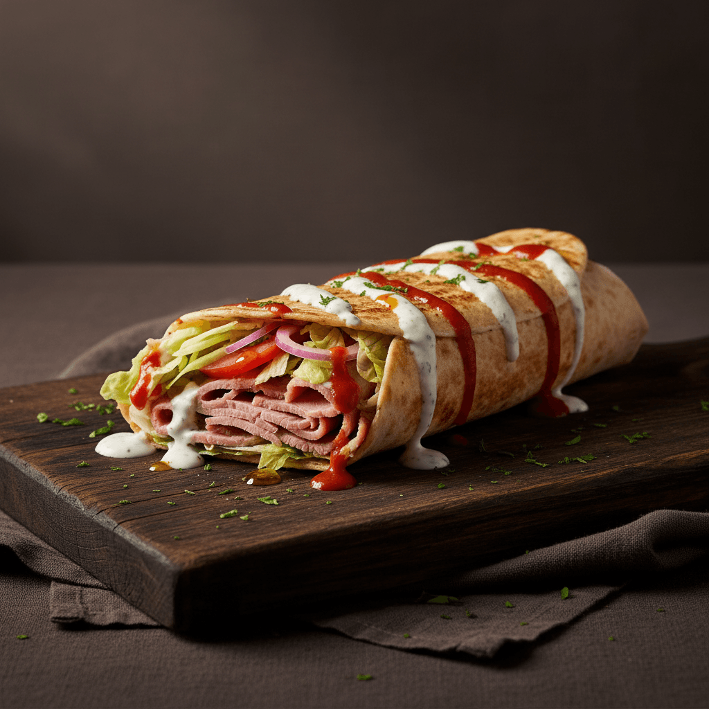 Branded side shot of a freshly carved lamb doner kebab roll in flatbread with salad and sauce.