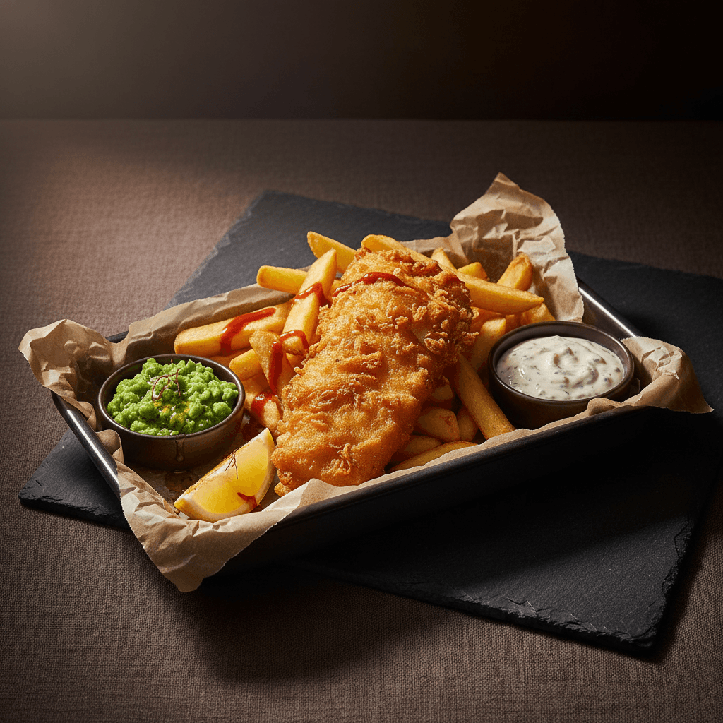 Branded three-quarter shot of golden battered cod with thick-cut chips, mushy peas and tartar sauce in an enamel tray.