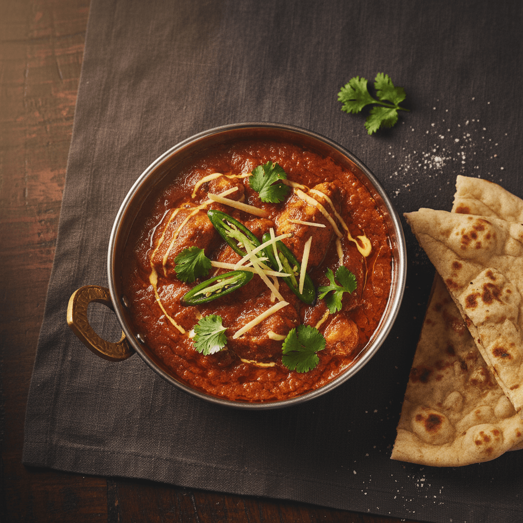 Branded top-down shot of chicken karahi bubbling in a copper handi pot with green chillies, ginger and coriander, naan beside it.